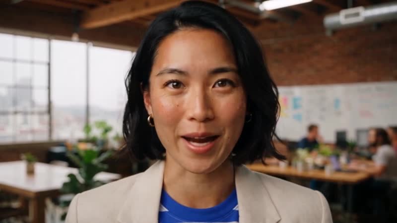 Mai, smiling and talking to camera in a bright office wearing a blue striped tee and cream blazer